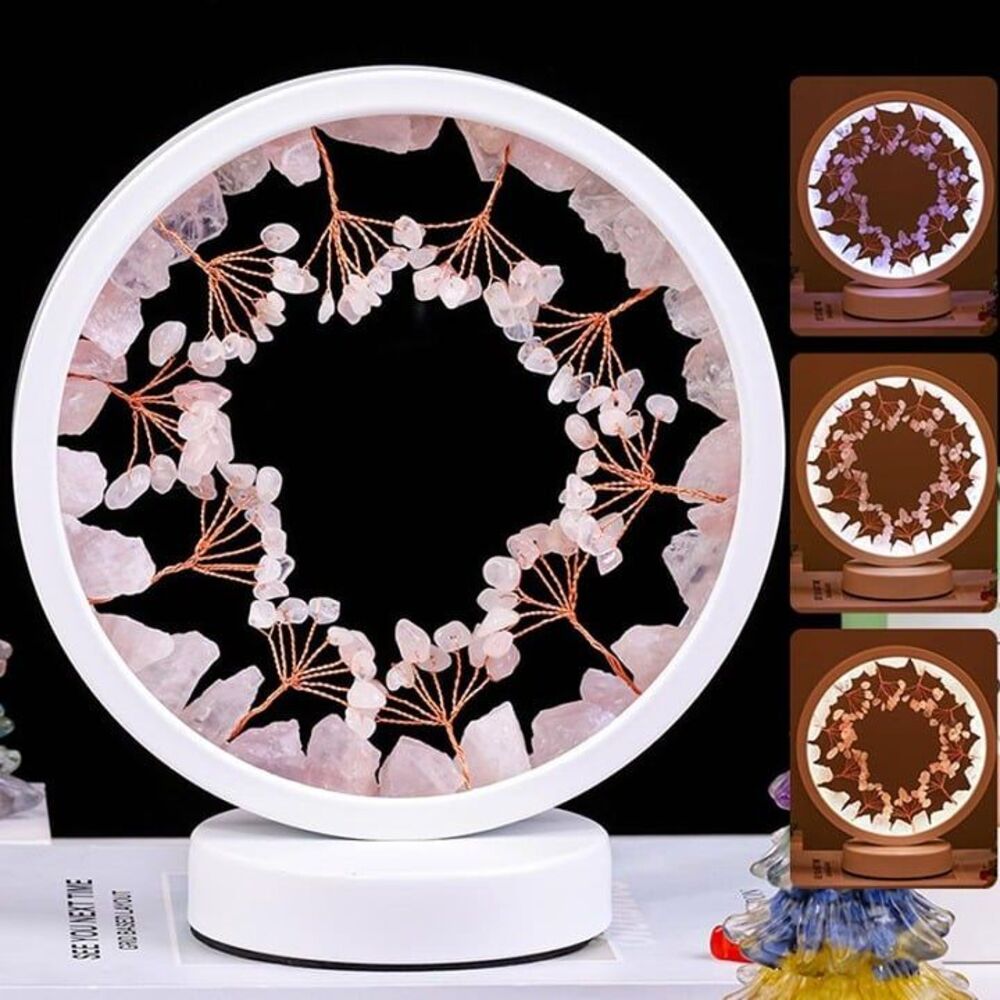 Round Rose Quartz Gemstone Tree LED Healing Crystal Nightlight Lamp